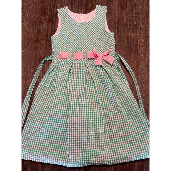 Bonnie Jean Girls Gingham Dress Green Pink Bow Size 14 Sleeveless Easter Spring - Picture 2 of 4